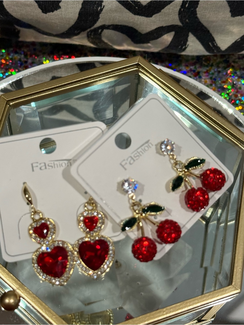 Red Crystal Cherry and Heart Drop Earrings - Gold Tone